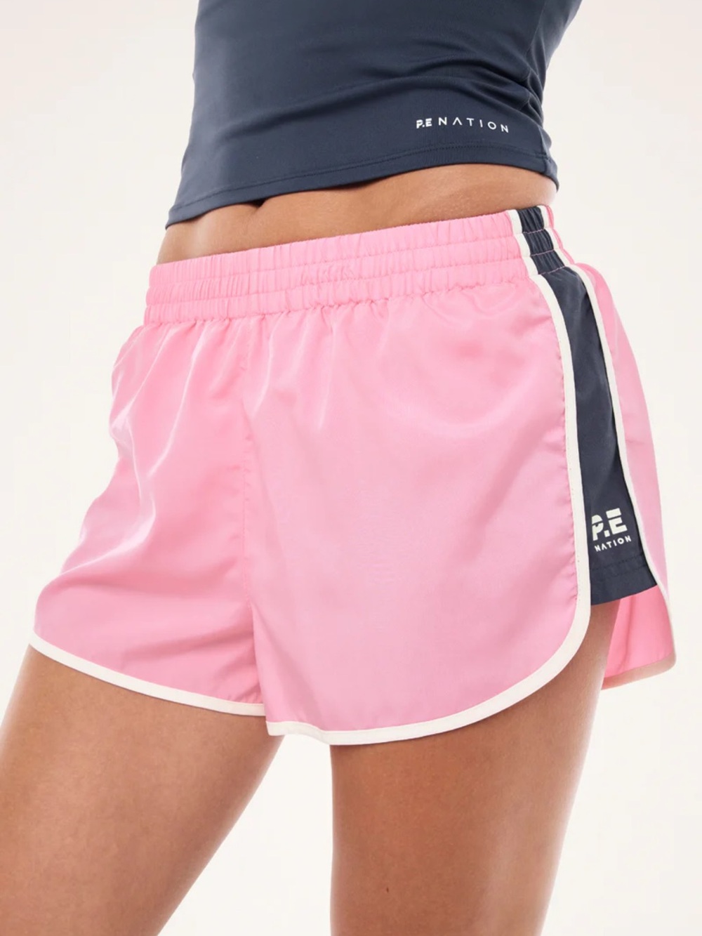 P.E Nation Pink Athletic Side-Stripe Shorts with Navy & White Trim